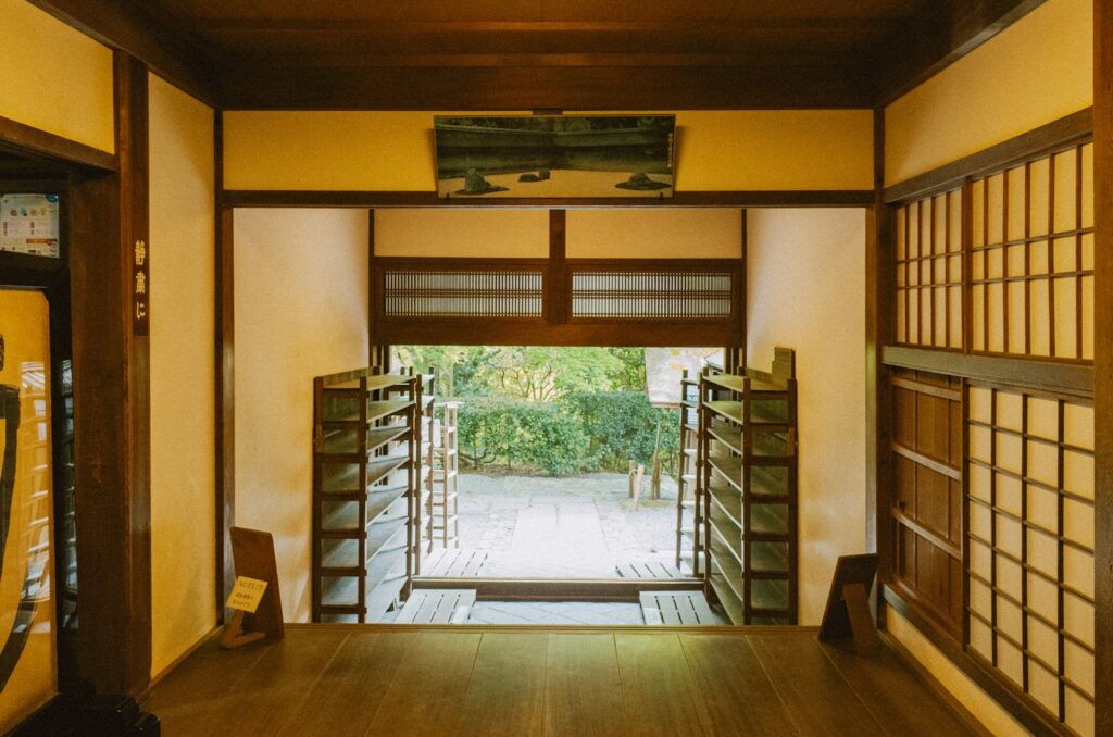 Traditional japanese room with open doorway to garden